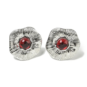 304 Stainless Steel Stud Earrings, with Cat Eye, Stainless Steel Color, Nuggets, Red, 25x25.4mm