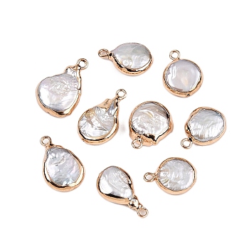 Electroplated Natural Keshi Pearl Teardrop Pendants, Cultured Freshwater Pearl Baroque Pearls Charms, Golden, Seashell Color, 15.5~21x11~13x4~7mm, Hole: 1.6~1.8mm