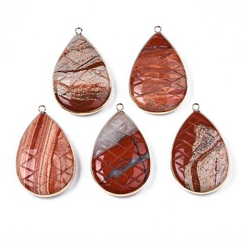 Natural Red Jasper Pendants, with Light Gold Plated Brass Findings, Teardrop, 50~51x31~31.5x10mm, Hole: 2mm