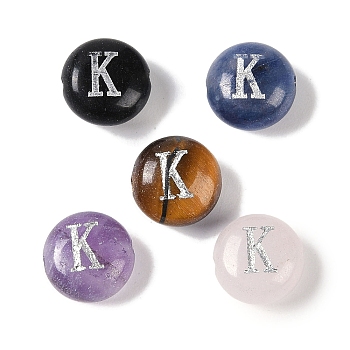 Natural Mixed Gemstone Beads, Flat Round with Letter, Letter K, 8.5~9x5~5.5mm, Hole: 1.2mm