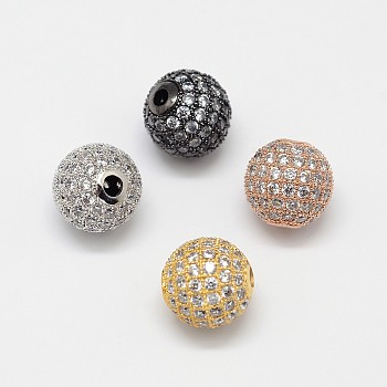CZ Brass Micro Pave Cubic Zirconia Round Beads, Mixed Color, 10mm, Hole: 2mm