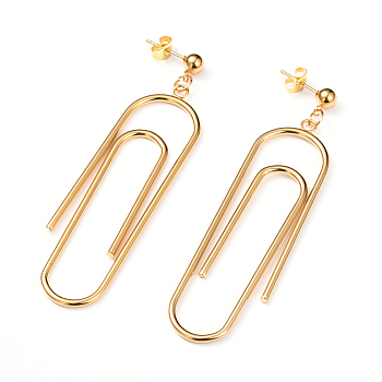 304 Stainless Steel Dangle Stud Earrings, with Ear Nuts, Paper Clip, Golden, 75mm, Pin: 0.8mm