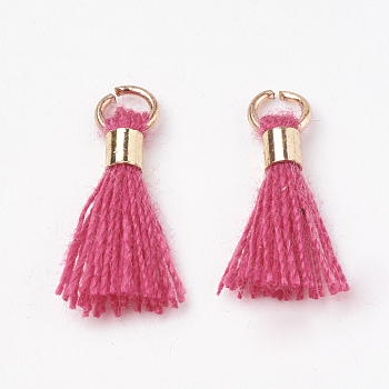 Polycotton(Polyester Cotton) Tassel Pendant Decorations, Mini Tassel, with Brass Findings, Light Gold, Camellia, 10~15x3~4mm, Hole: 2mm