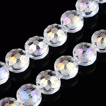 Electroplate Glass Beads Strands, Frosted, Rainbow Plated, Faceted, Flat Round, Clear AB, 12x8~9mm, Hole: 1mm, about 50pcs/strand, 23.62 inch