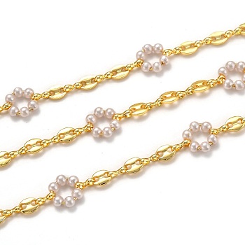 3.28 Feet Handmade Brass Link Chains, with Acrylic Imitation Pearl, Long-Lasting Plated, Unwelded, Golden, White, Links: 10.8x12.6x3.9mm and 7.2x5.6x1.3mm