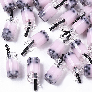 Glass Bottle Pendants, with Resin Inside, Imitation Bubble Tea/Boba Milk Tea, Pearl Pink, 27x12x10mm, Hole: 1.8mm