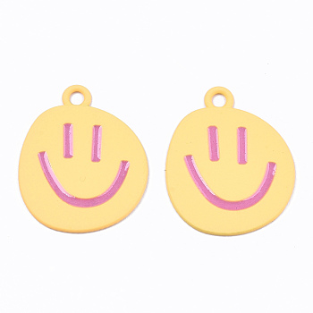 Spray Painted Alloy Pendants,  Cadmium Free & Lead Free, with Enamel, Smiling Face, Gold, 24x19.5x1mm, Hole: 2mm