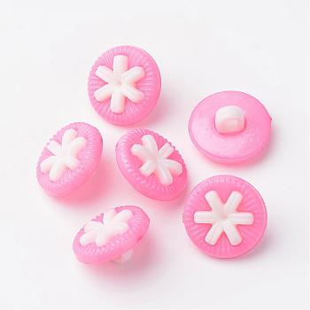 Acrylic Shank Buttons, Flat Round with Flower, Pink, 14x8mm, Hole: 3mm