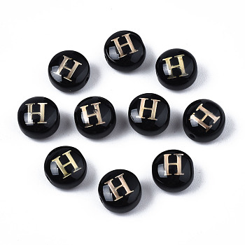Handmade Lampwork Beads, with Golden Plated Brass Etched Metal Embellishments, Flat Round with Alphabet, Letter.H, 8x5mm, Hole: 0.8mm