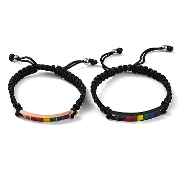 Adjustable Nylon Cord Braided Bead Bracelets, PVD Vacuum Plating 304 Stainless Steel Enamel Rainbow Link Bracelets, Mixed Color, Inner Diameter: 2-1/8~3-1/8 inch(5.5~7.85cm)