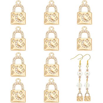 Brass Rhinestone Pendants, Padlock with Moon & Star, Light Gold, 16~16.5x9.5~10x2.7mm, Hole: 1.6mm