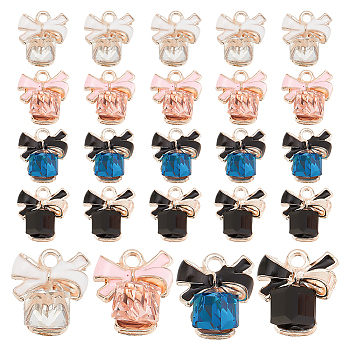 24Pcs 4 Colors Alloy Enamel Pendants, with Rhinestone, Cube & Bowknot, Mixed Color, 14x12.5x9mm, Hole: 2mm, 6pcs/color