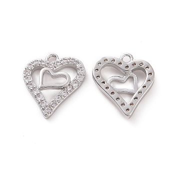 Brass Micro Pave Clear Cubic Zirconia Charms, Heart, Platinum, 15x13x3mm, Hole: 1.4mm