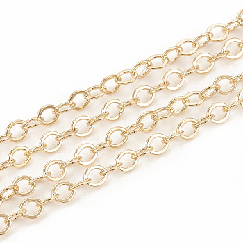 3.28 Feet Brass Cable Chains, Soldered, Flat Oval, Real 18K Gold Plated, Lead Free & Nickel Free, 3.5x3x0.4mm
