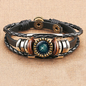 12 Constellations PU Leather Multi-strand Bracelets, Alloy Glass Flat Round Charm Bracelets for Men Women, Sagittarius, 7-1/8 inch(18cm)