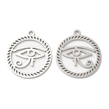 304 Stainless Steel Pendants, Flat Round with Eye of Horus Charm, Stainless Steel Color, 28x24.5x1.5mm, Hole: 2mm