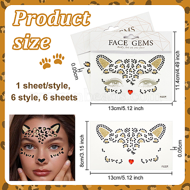6 Sheets 6 Style Cat Shaped Self Adhesive Acrylic Rhinestone Face Gems Stickers(DIY-OC0011-55)-2