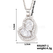 Elegant and Unique Style Brass & Glass Lock Collar Heart Pendant Necklaces for Women, Platinum, Clear, 15.75 inch(40cm)(FN1868-1)