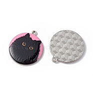 Printed Alloy Pendants, Platinum, Flat Round with Cat Charm, Hot Pink, 28x25x3mm, Hole: 1.8mm(ENAM-P246-03P-02)