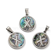 304 Stainless Steel with Paua Shell Pendants, Stainless Steel Color, Flat Round with Letter Charm, Letter.X, 18x16x1.5mm, Hole: 3x6mm(STAS-G268-02X-P)