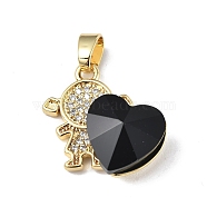 Real 18K Gold Plated Rack Plating Brass Micro Pave Clear Cubic Zirconia Pendants, with Glass, Long-Lasting Plated, Cadmium Free & Lead Free, Girl with Heart Charm, Black, 20.8x17x8mm, Hole: 6x3mm(KK-C015-23G-15)
