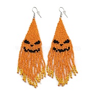 Boho Seed Bead Halloween Pumpkin Tassel Earrings, Iron Dangle Earring for Women, Orange, 120x32mm(EJEW-Q380-04E)