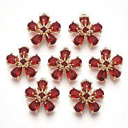 Transparent Glass Pendants, with Golden Tone Brass Findings, Faceted, Flower, Red, 16x14.5x6mm, Hole: 1mm(X-GLAA-R212-06B)