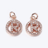 Brass Micro Pave Cubic Zirconia Pendants, Cadmium Free & Lead Free, Flat Round, Letter.R, Rose Gold, 16x10x2~2.5mm, Hole: 2.5~3mm(ZIRC-G120-R-RG-RS)