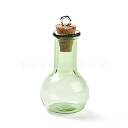 Glass Pendants, with Wood Bottle Stopper and Platinum Alloy Loops, Bulb Shaped, Lime Green, 34x18mm, Hole: 2mm(GLAA-P053-01A-11)