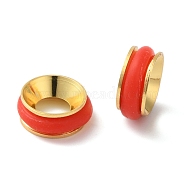 Rack Plating Brass Beads, with Enamel, Cadmium Free & Lead Free, Column, Real 18K Gold Plated, Long-Lasting Plated, Orange Red, 7.5x3mm, Hole: 3.5mm(KK-P276-30G-02)