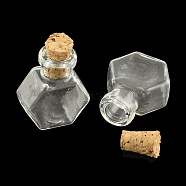 Hexagon Glass Bottle for Bead Containers, with Cork Stopper, Wishing Bottle, Clear, 25x20x11mm, Hole: 6mm, Bottleneck: 9.5~10mm in diameter, Capacity: 1.5ml(0.05 fl. oz)(X-AJEW-R045-03)