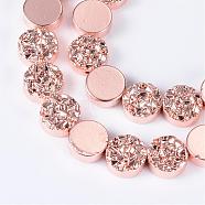 Electroplate Non-magnetic Synthetic Hematite Bead Strands, Flat Round, Rose Gold Plated, 8~8.5x4~4.5mm, Hole: 1mm, about 49pcs/strand, 15.7 inch(G-Q465-06RG)