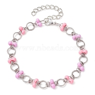 Pink & Plum Glass Seed Bead Link Bracelets, 304 Stainless Steel Ring Link Bracelets for Women, Stainless Steel Color, 8-1/4 inch(20.9cm)(BJEW-JB10266)