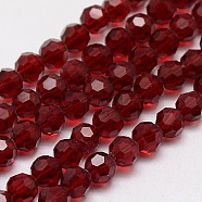 Glass Beads Strands, Faceted(32 Facets), Round, Dark Red, 8mm, Hole: 1mm, about 70~72pcs/strand, 22.6 inch(X-EGLA-J042-8mm-20)