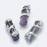 Natural Amethyst Pendants, with Brass Findings, Column with Dragon, Platinum, 40.5~41.5x14x15mm, Hole: 3.5x5mm(X-G-O163-E11)