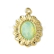 Ion Plating(IP) Real 14K Gold Plated 304 Stainless Steel with Glass Pendant, Oval Flower Charms, Pale Green, 18x13x3.5mm, Hole: 1.6mm(FIND-Z028-30F)