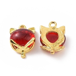 Alloy with FireBrick Glass Imitation Jade Pendants, Cat Head Charms, Golden, 18x12.5x6.5mm, Hole: 1.8mm(FIND-G047-02G)