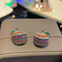 Apple Brass Micro Pave Cubic Zirconia Stud Earrings, with 925 Sterling Silver Pin s, Golden, Left and Right, Colorful, 18x17.5mm(EJEW-A120-01)