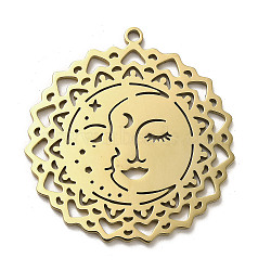 304 Stainless Steel Pendants, Sun with Human Face Charm, Golden, 40.5x38x1.5mm, Hole: 2mm(STAS-B054-09G)