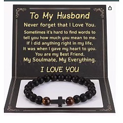 Cross Natural Tiger Eye & Frosted Black Obsidian Round Beads Stretch Bracelets for Men Women, 7-1/8 inch(18cm)(WG92FBF-11)