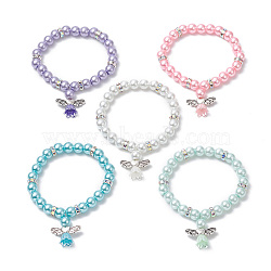Glass Imitation Pearl Beaded Bracelets, Alloy Angel Pendant Bracelets for Women, Mixed Color, Inner Diameter: 1-7/8 inch(4.9cm)(BJEW-JB09367)