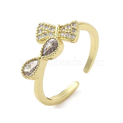 Rack Plating Brass Micro Pave Cubic Zirconia Finger Ring, Cuff Ring, Long-Lasting Plated, Cadmium Free & Lead Free, Bowknot, Real 18K Gold Plated, Inner Diameter: 18.2mm(RJEW-C072-33E-G)