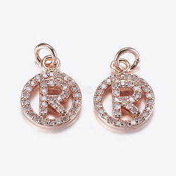 Brass Micro Pave Cubic Zirconia Pendants, Cadmium Free & Lead Free, Flat Round, Letter.R, Rose Gold, 16x10x2~2.5mm, Hole: 2.5~3mm(ZIRC-G120-R-RG-RS)