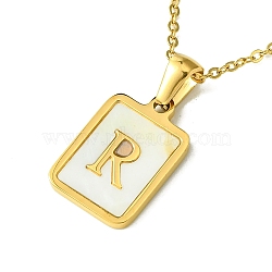 Ion Plating(IP) Rectangle with Initial Letter 304 Stainless Steel Pendant Necklace, white Shell, Real 18K Gold Plated, Letter R, 16.06 inch(40.8cm)(NJEW-R265-04G-R)