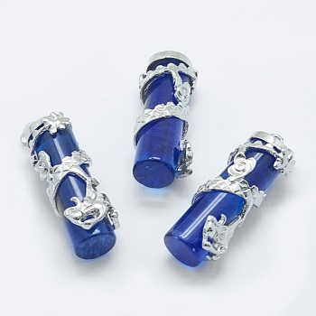 Blue Watermelon Stone Glass Pendants, with Brass Findings, Column with Dragon, Platinum, 40.5~41.5x14x15mm, Hole: 3.5x5mm