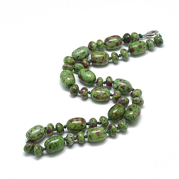 Natural Ruby in Zoisite Beaded Necklaces, with Alloy Lobster Clasps, Barrel, 18.1 inch~18.5  inch(46~47cm), Barrel: 14x10mm