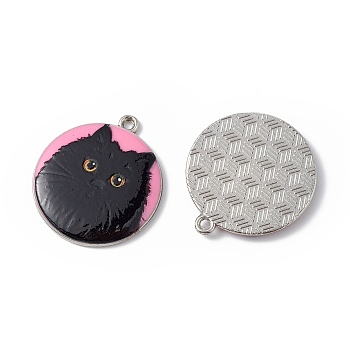 Printed Alloy Pendants, Platinum, Flat Round with Cat Charm, Hot Pink, 28x25x3mm, Hole: 1.8mm