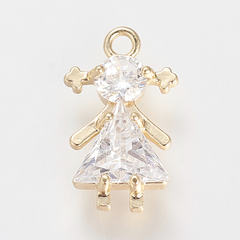 Brass Cubic Zirconia Pendants, Nickel Free, Real 18K Gold Plated, Girl, 18x11x4.5mm, Hole: 2mm