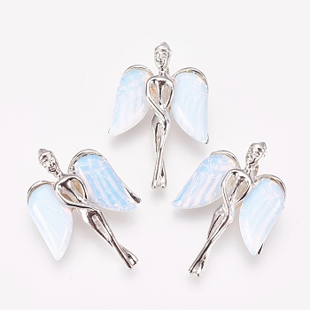 Opalite Pendants, with Brass Findings, Angel, Platinum, 34x23x8mm, Hole: 3x5mm