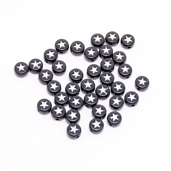 Opaque Acrylic Beads, with Enamel, Flat Round with Star, White, 7x4mm, Hole: 1.6mm, 100pcs/bag